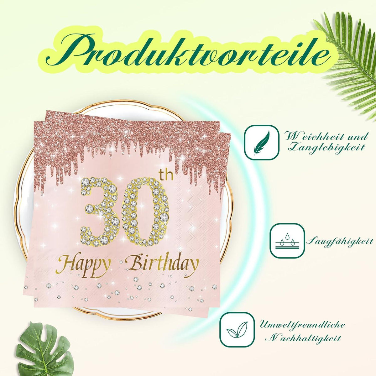 Roségold Diamant Servietten Happy Birthday Set 80 Stück