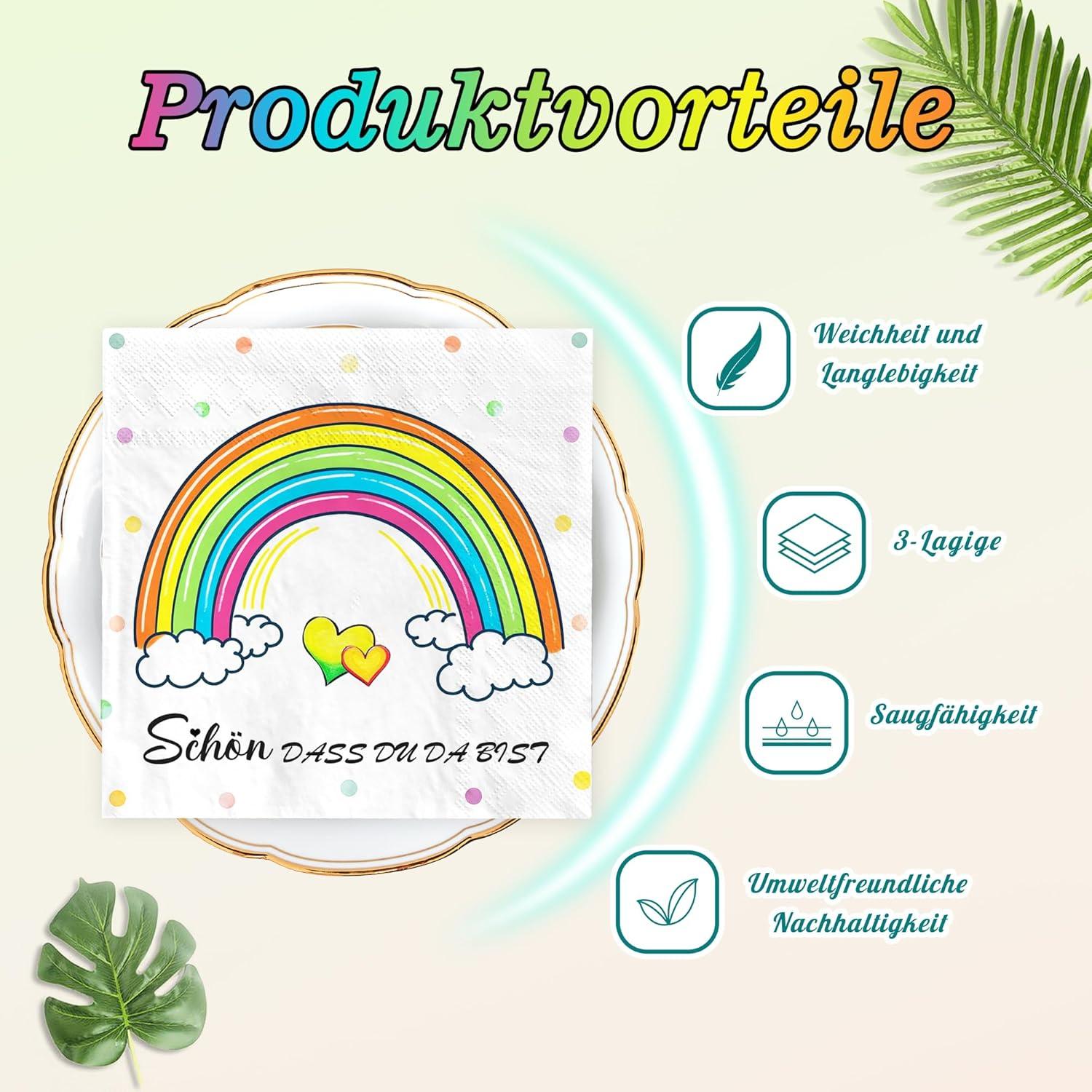 Regenbogen Servietten Kindergeburtstag 100Stück 3-Lagig 33x33cm