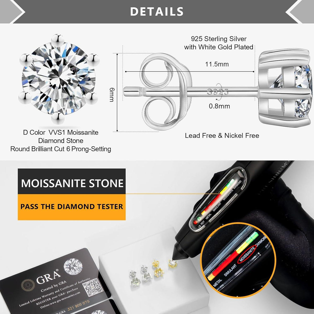 Moissanite Ohrringe Silber 925 Damen 0,6-3 Karat VVS1 D 14K Gold/Weißgold 4,0 mm