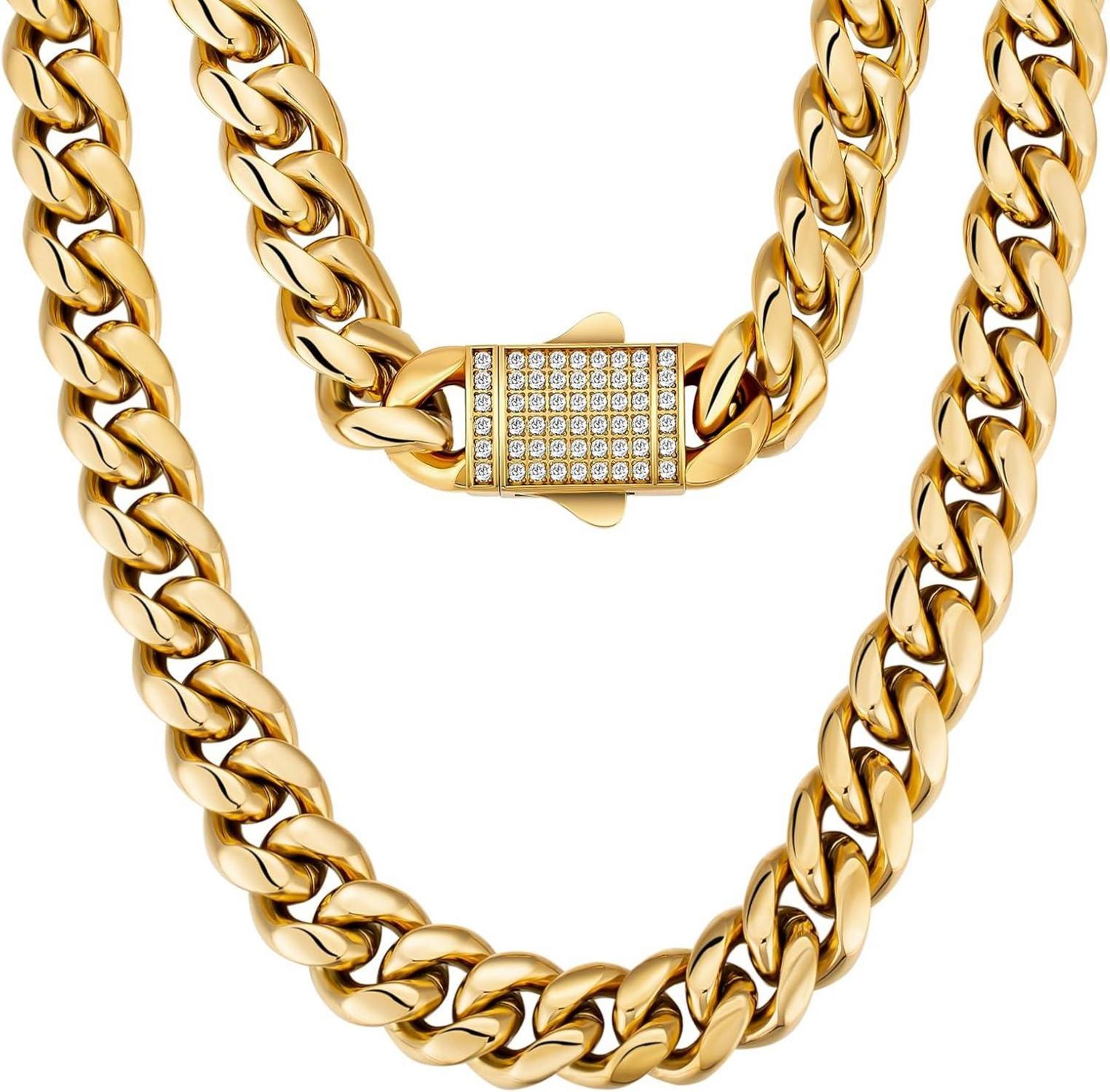 Panzerkette Herren 12mm Cuban Link Chain Edelstahl Gold/Silber Hip Hop