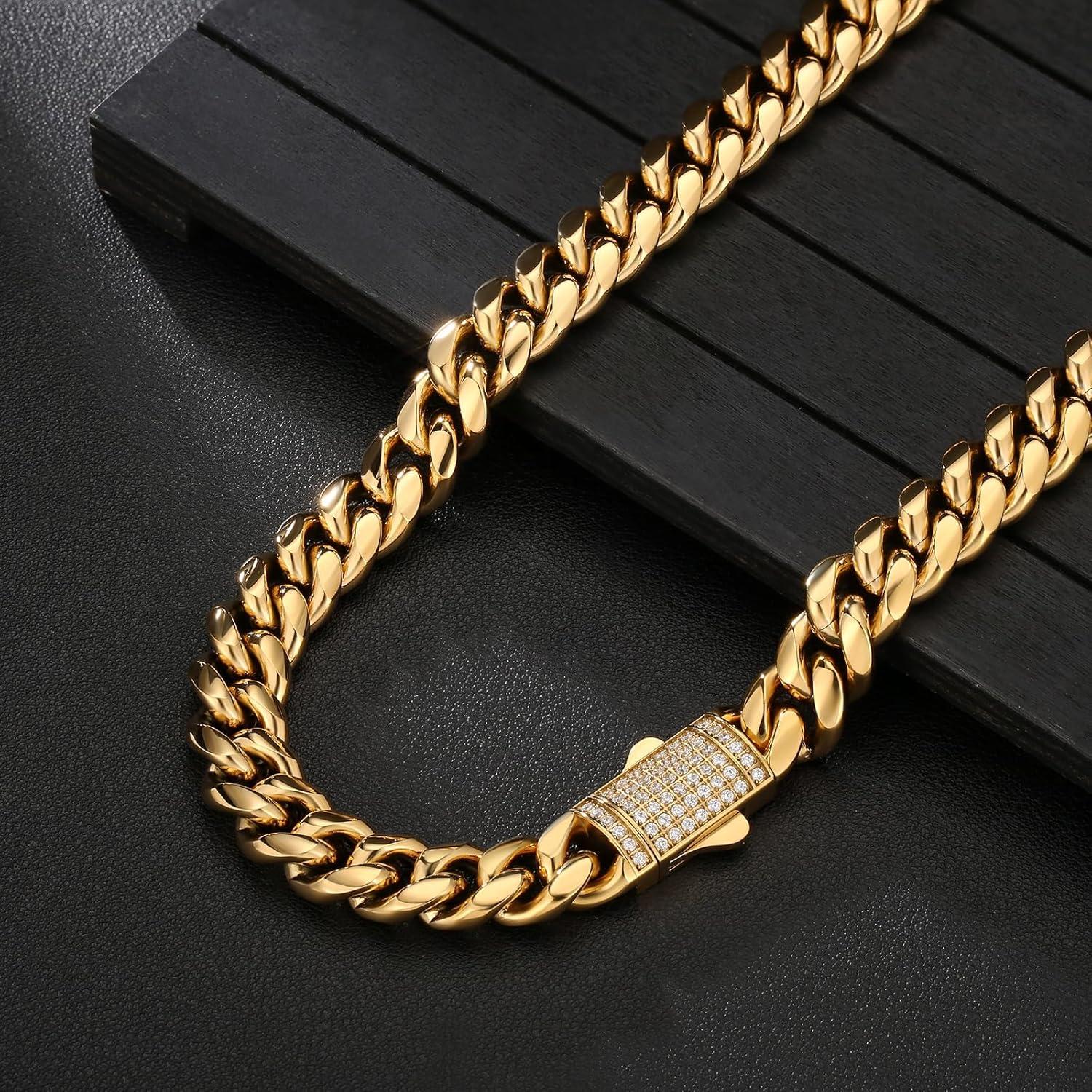 Panzerkette Herren 12mm Cuban Link Chain Edelstahl Gold/Silber Hip Hop