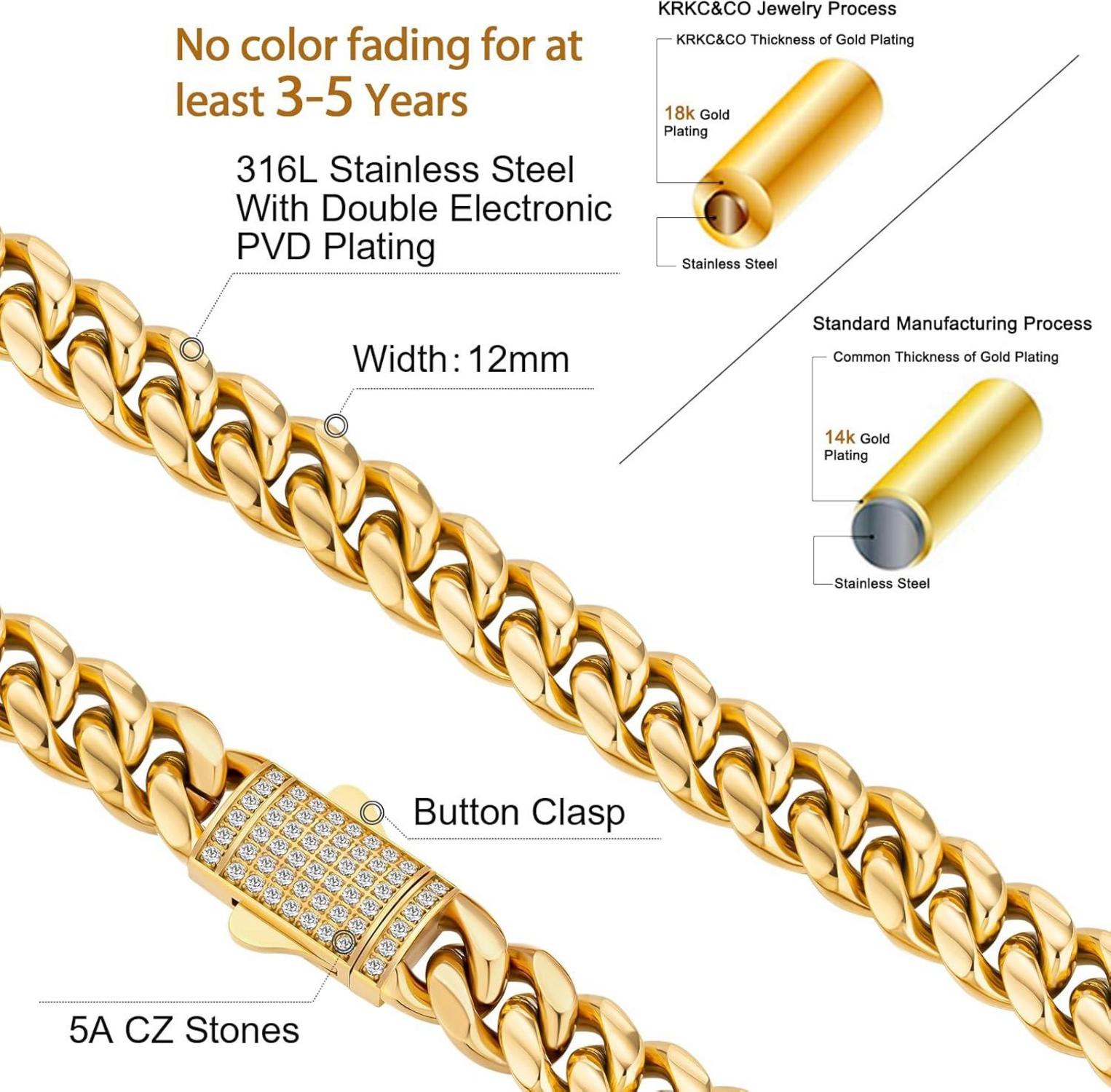 KRKC&CO Panzerkette Herren 18K Gold Cuban Link Chain 12mm Iced-out