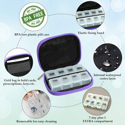 Serfeymi Tablettenbox 7 Tage Violett - Medikamentenbox mit Stofftasche