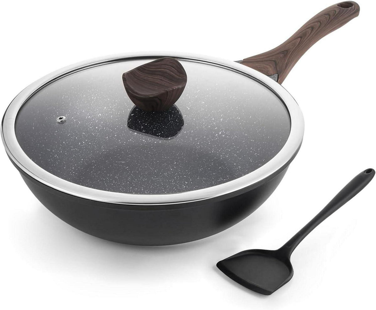 Antihaft Induktions-Wok: 30 cm, Steinoptik, Deckel, PFOA-frei