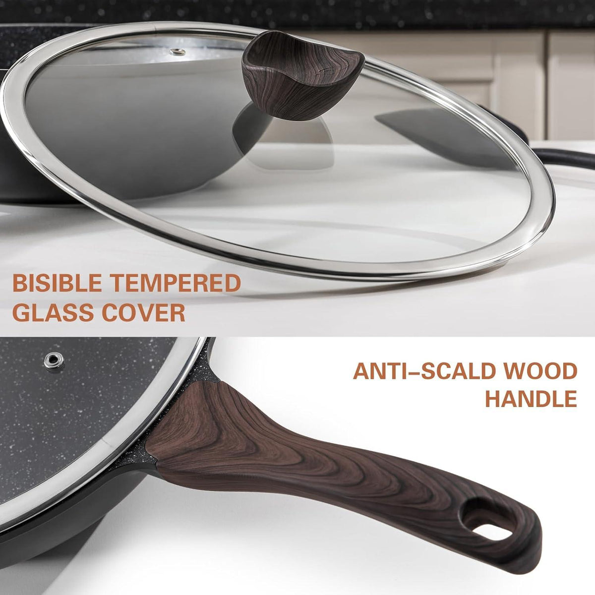 30cm Kordisen Wokpfanne mit Deckel, Induktion, Steinoptik, PFOA-frei