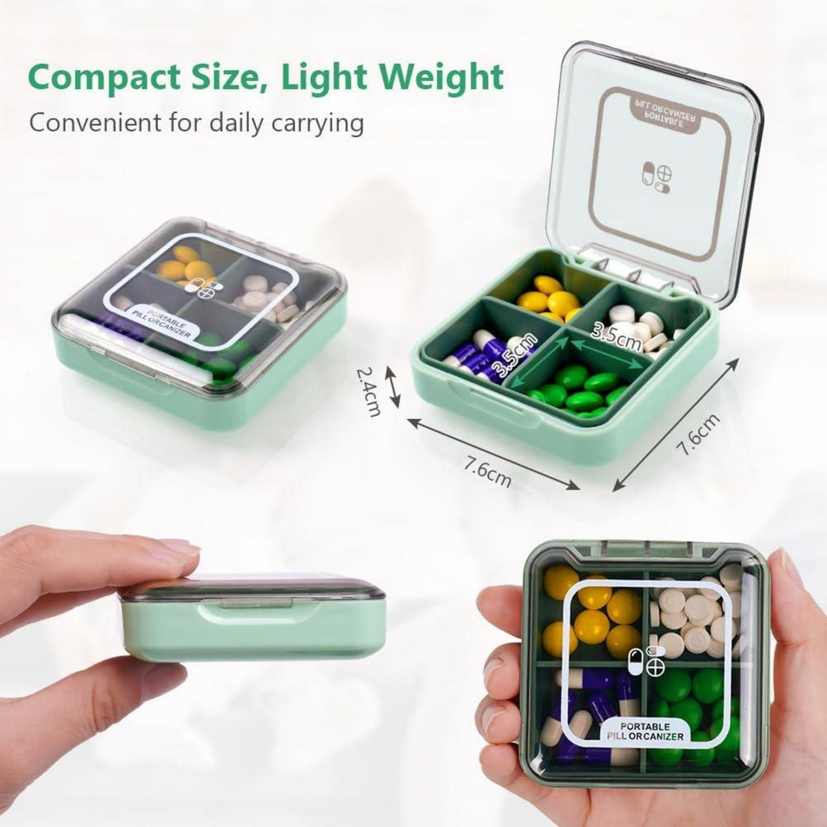 Pillendose Klein 7 Tage Tablettenbox 4 Fächer BPA Frei Grün