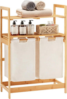 Wäschekorb aus Bambus mit 2 Ablagen und 2 Wäschesäcken 93x64x33cm