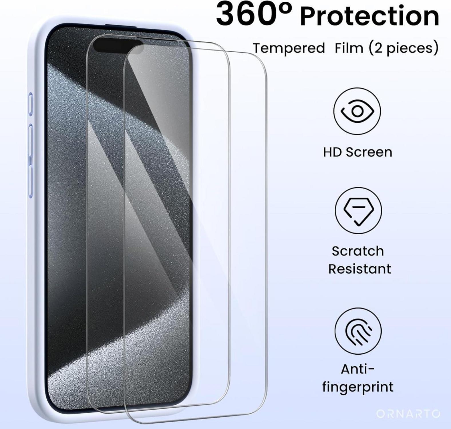 ORNARTO iPhone 15 Pro Hülle - Kameraschutz, 2 Schutzfolien, Silikon, stoßfest