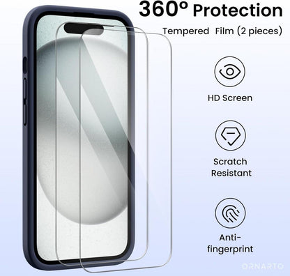 ORNARTO iPhone 15 Hülle Kameraschutz 2 Schutzfolien Silikon Mitternachtsblau