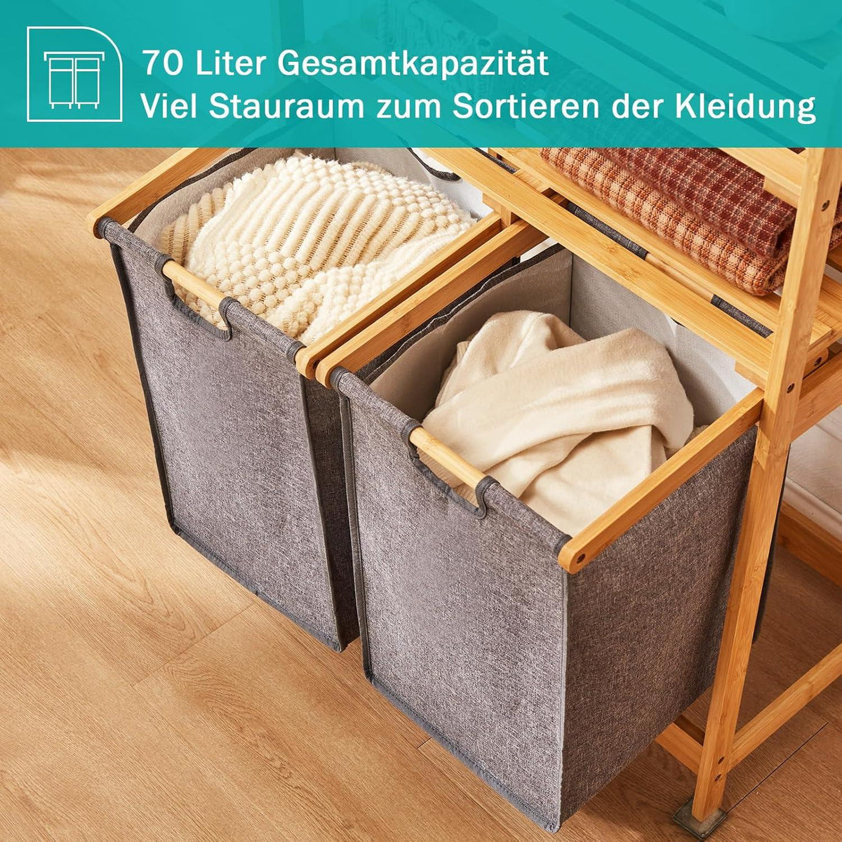 Bambus Wäschekorb mit 2 Ablagen 2 Wäschesäcken Grau 93x64x33cm