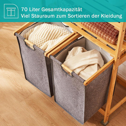 Bambus Wäschekorb mit 2 Ablagen 2 Wäschesäcken Grau 93x64x33cm