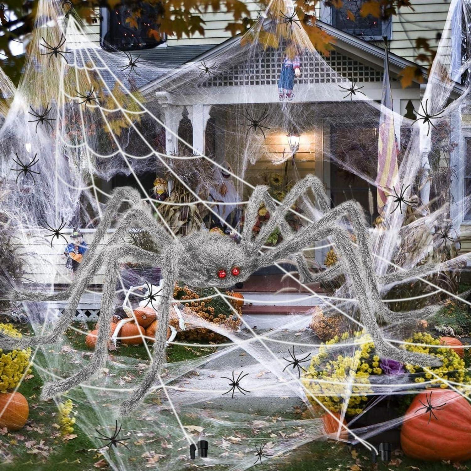 Halloween Deko Set XXL Spinnennetz Graue Spinne 700cm