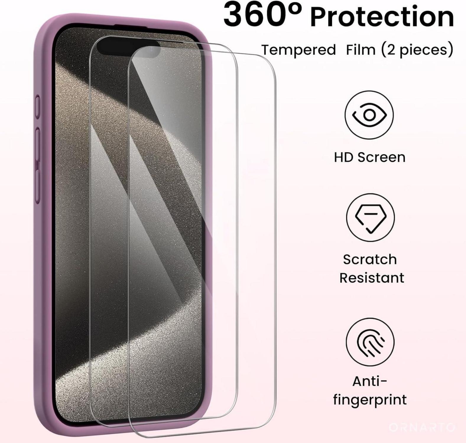 iPhone 15 Pro Hülle Flüssiges Silikon Kameraschutz 2 Schutzfolien 6.1 Zoll Lila