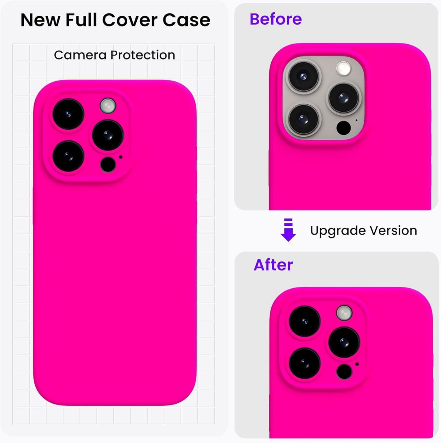 iPhone 15 Pro Hülle mit Kameraschutz und 2 Schutzfolien, flüssiges Silikon, stoßfest, Mikrofaser, 6.1 Zoll Leuchtend Rosa