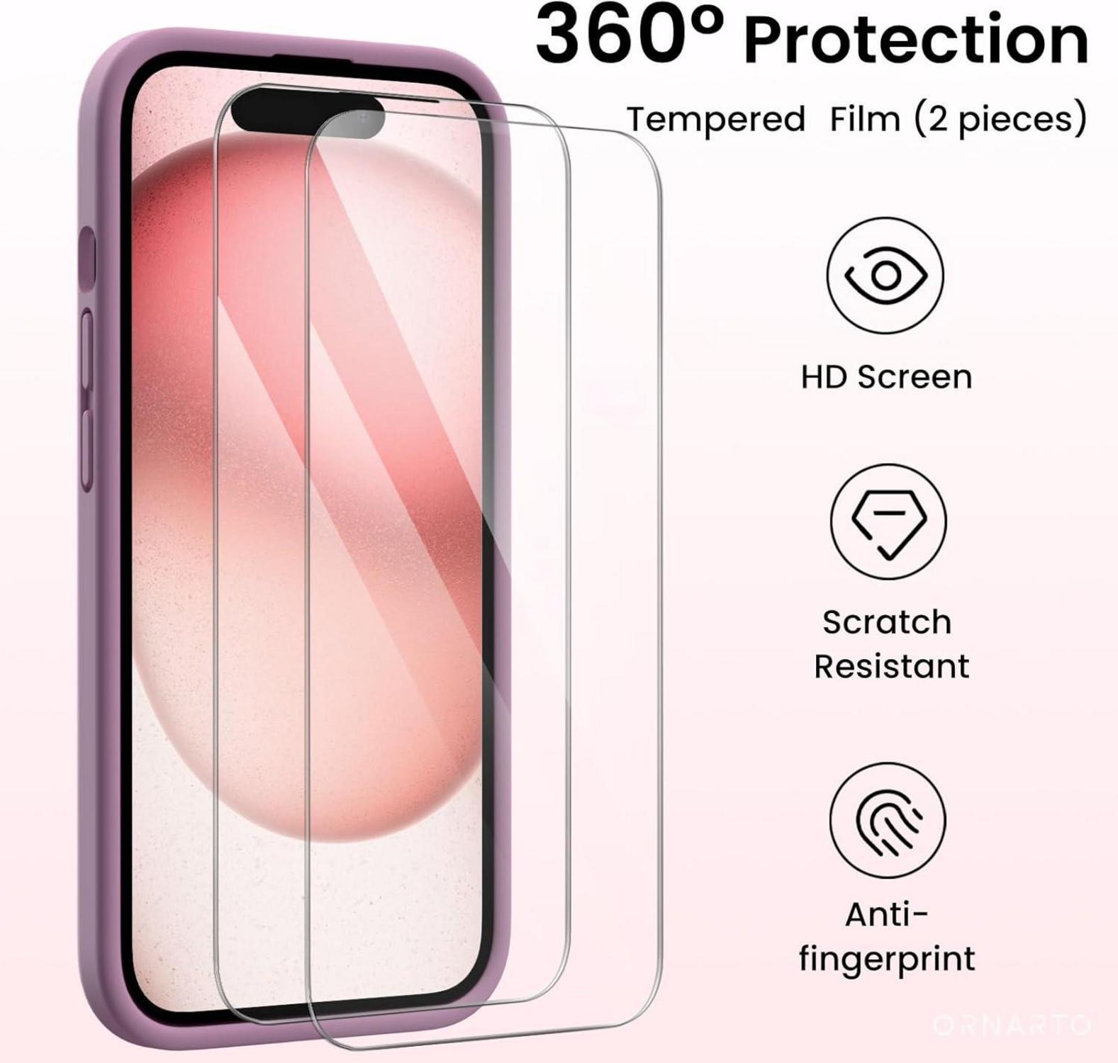 iPhone 15 Hülle flüssiges Silikon Kameraschutz 2 Schutzfolien Lila