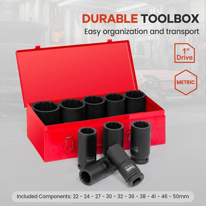 1" Schlagschrauber Nüsse Set, 90MM Tief, 10-teilig, Metrisch 22-50MM