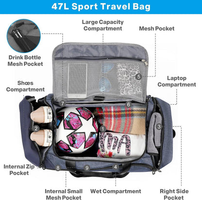 Sporttasche 47L Blau: Groß, mit Schuhfach, Nassfach, Reisetasche, Duffel, Fitnesstasche