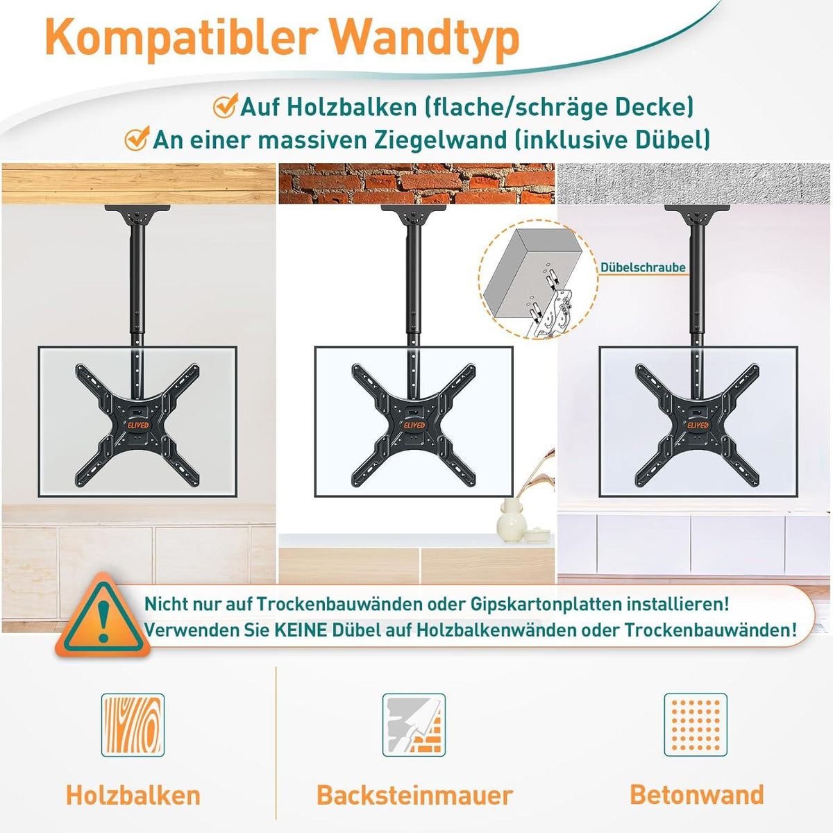 TV Deckenhalterung für 24-65 Zoll Flach Curved Fernseher bis 45KG VESA 400x400mm