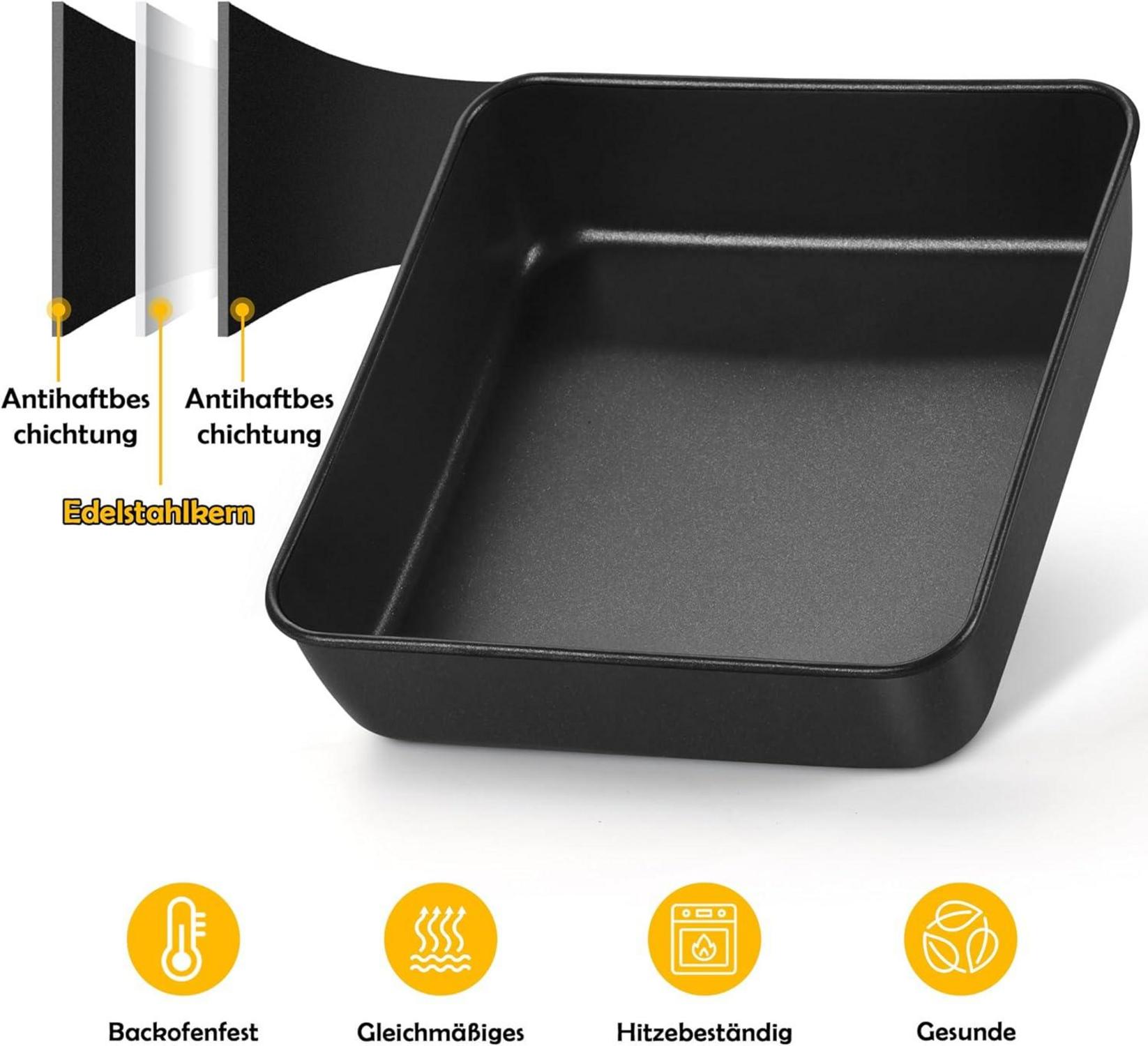 TEAMFAR Auflaufform Set Eckig Edelstahl Antihaft 5cm Tief Backform Luftdichtem Deckel 21x21cm