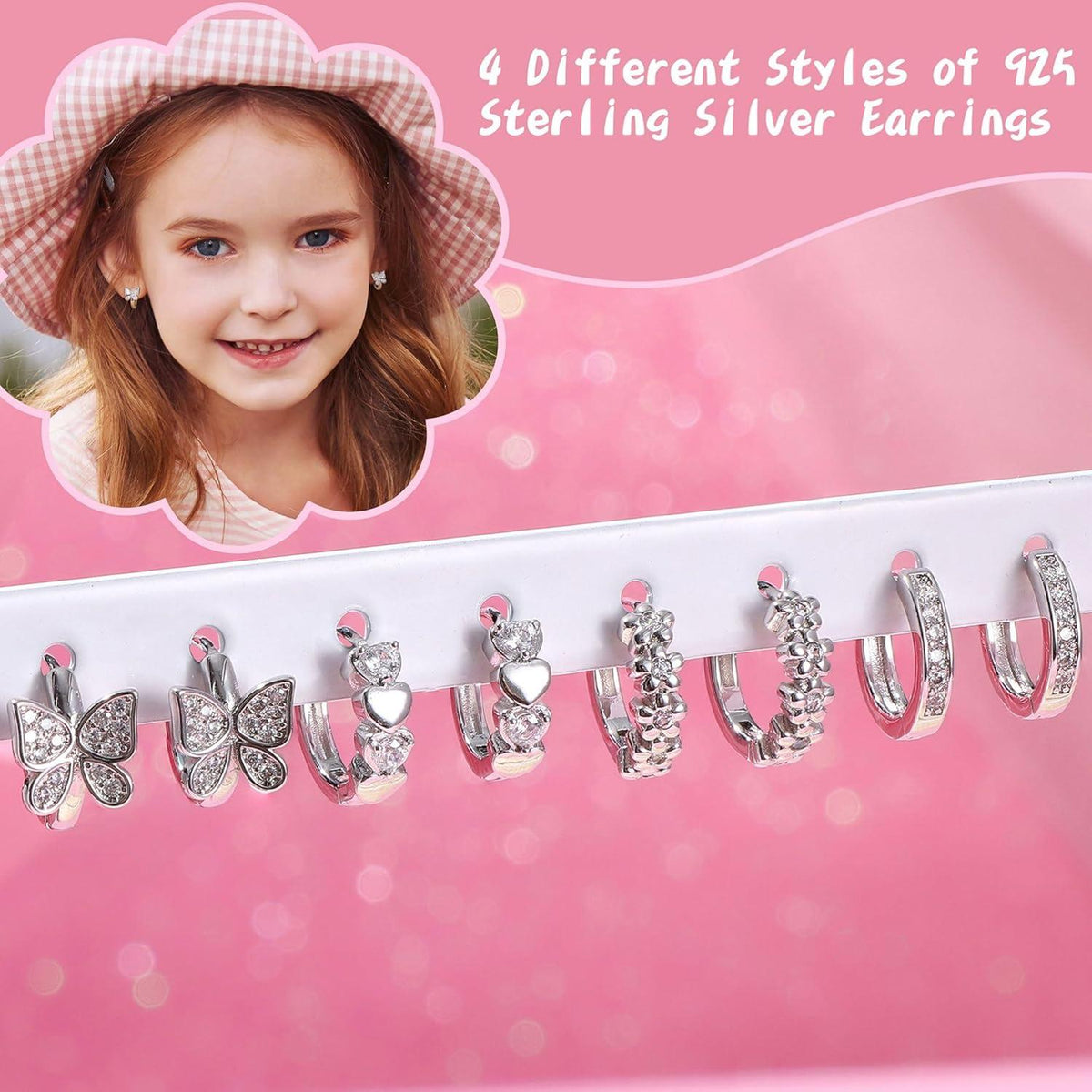 JeweBella Mädchen Ohrringe Set 925 Silber Creolen Schmetterling Herz Blumen 4 Paar