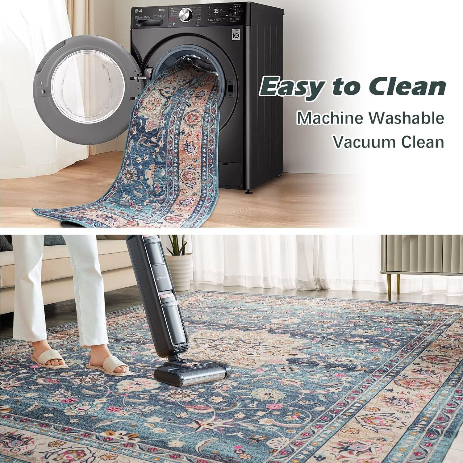 Waschbarer Vintage Teppich 120x170 cm Blau Kurzflor Wohnzimmer Schlafzimmer