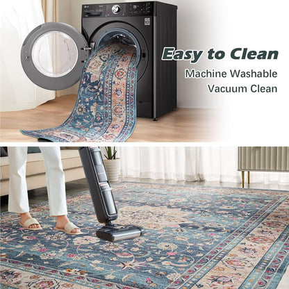 Waschbarer Vintage Teppich 120x170 cm Blau Kurzflor Wohnzimmer Schlafzimmer