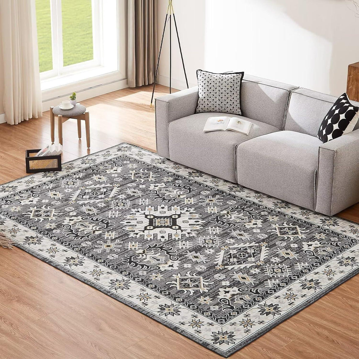 Großer Waschbarer Vintage Teppich Grau 200x290CM Kurzflor