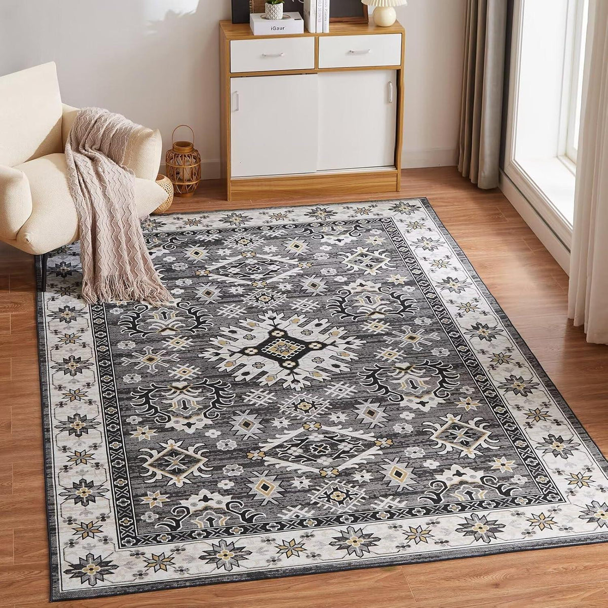 CHOSHOME Teppich 200x290CM Vintage Boho Grau rutschfest waschbar Kurzflor
