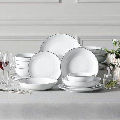 Geschirrset 24-teilig für 6 Personen, modern, weiß mit schwarzem Rand
