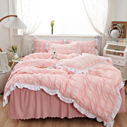 Romantische Bettwäsche 135x200 Rosa Seersucker mit Rüschen