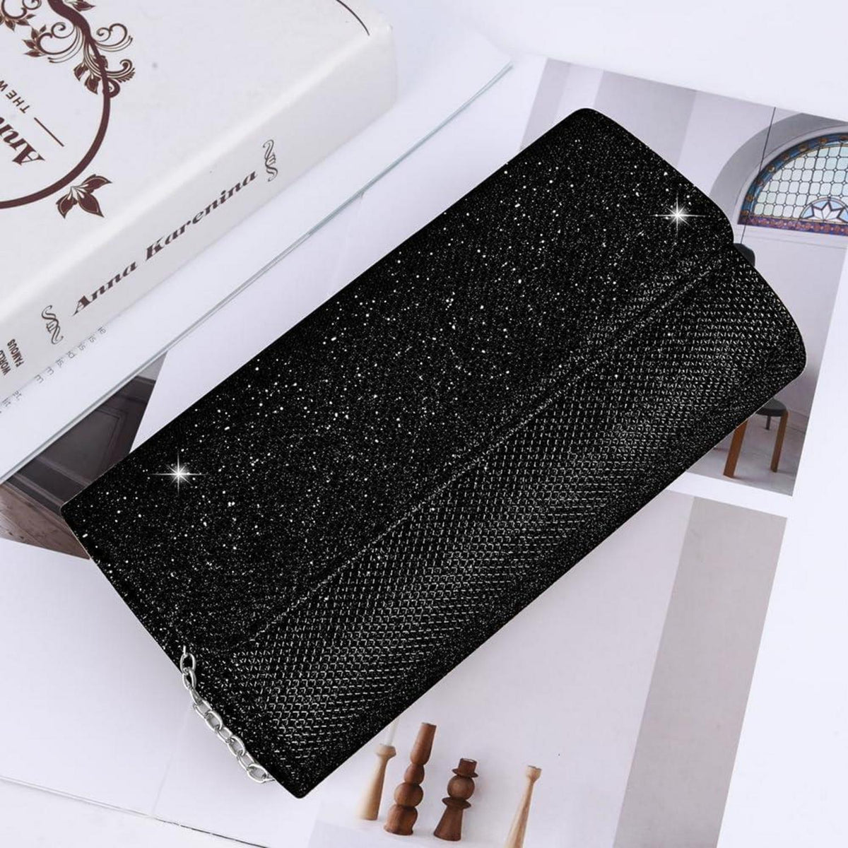 Elegante Clutch mit Kette für Damen, Schwarz