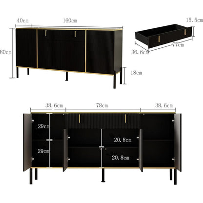 Sideboard Wohnzimmer Schwarz 160cm – Buffet mit 4 Türen & Schublade