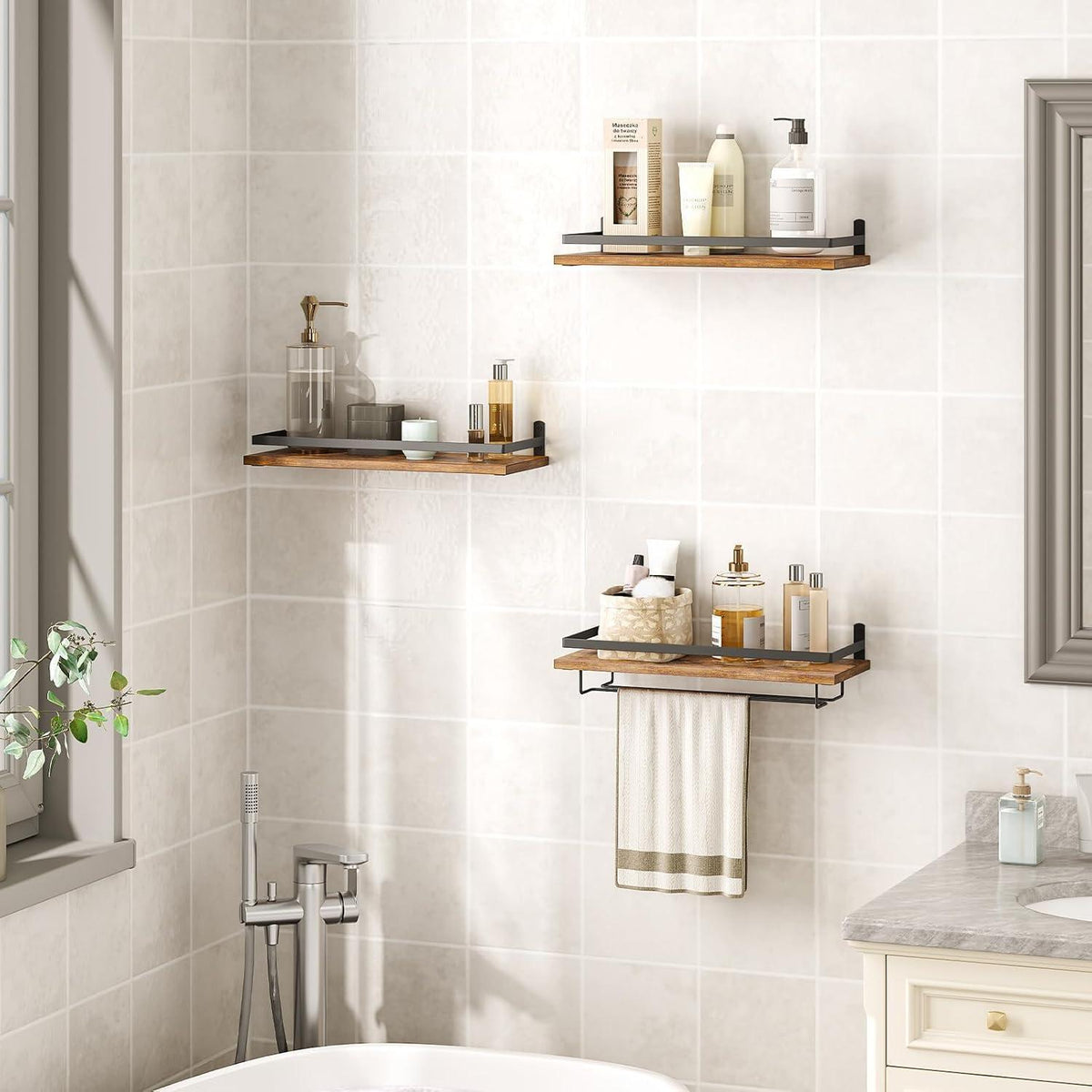 HOOBRO Wand-Weinregal 3er Set mit Glashalter, Vintagebraun