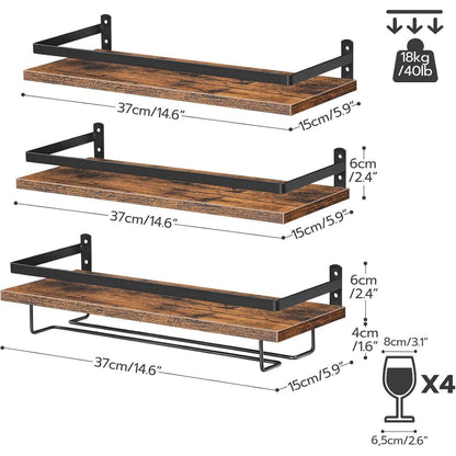 HOOBRO Wand-Weinregal 3er Set mit Glashalter, Vintagebraun