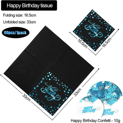 40 Stück Happy Birthday Servietten Schwarz Blau, 33x33cm