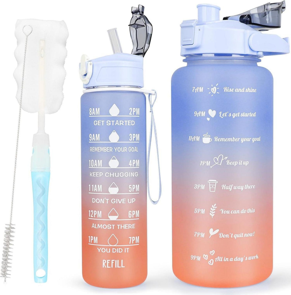 2er Pack Trinkflasche BPA-frei mit Zeitmarkierung und Strohhalm, 3