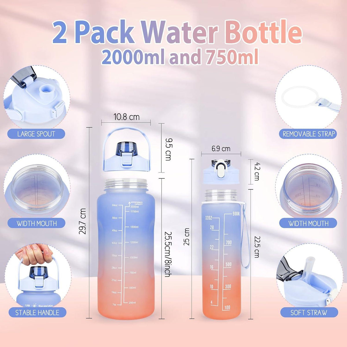 Sport-Trinkflasche 2er Pack BPA-frei 2L+750ml Blau mit