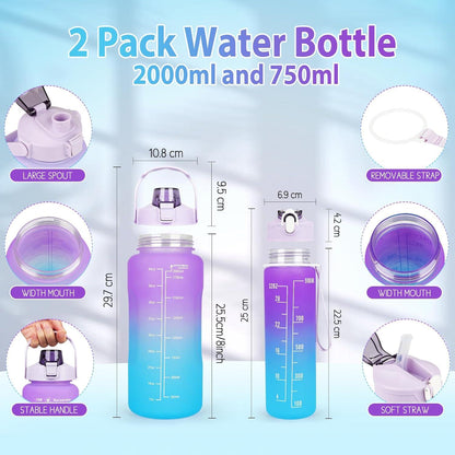 Sport Trinkflasche 2er Pack BPA-frei 2L+750ml Zeitmarkierung