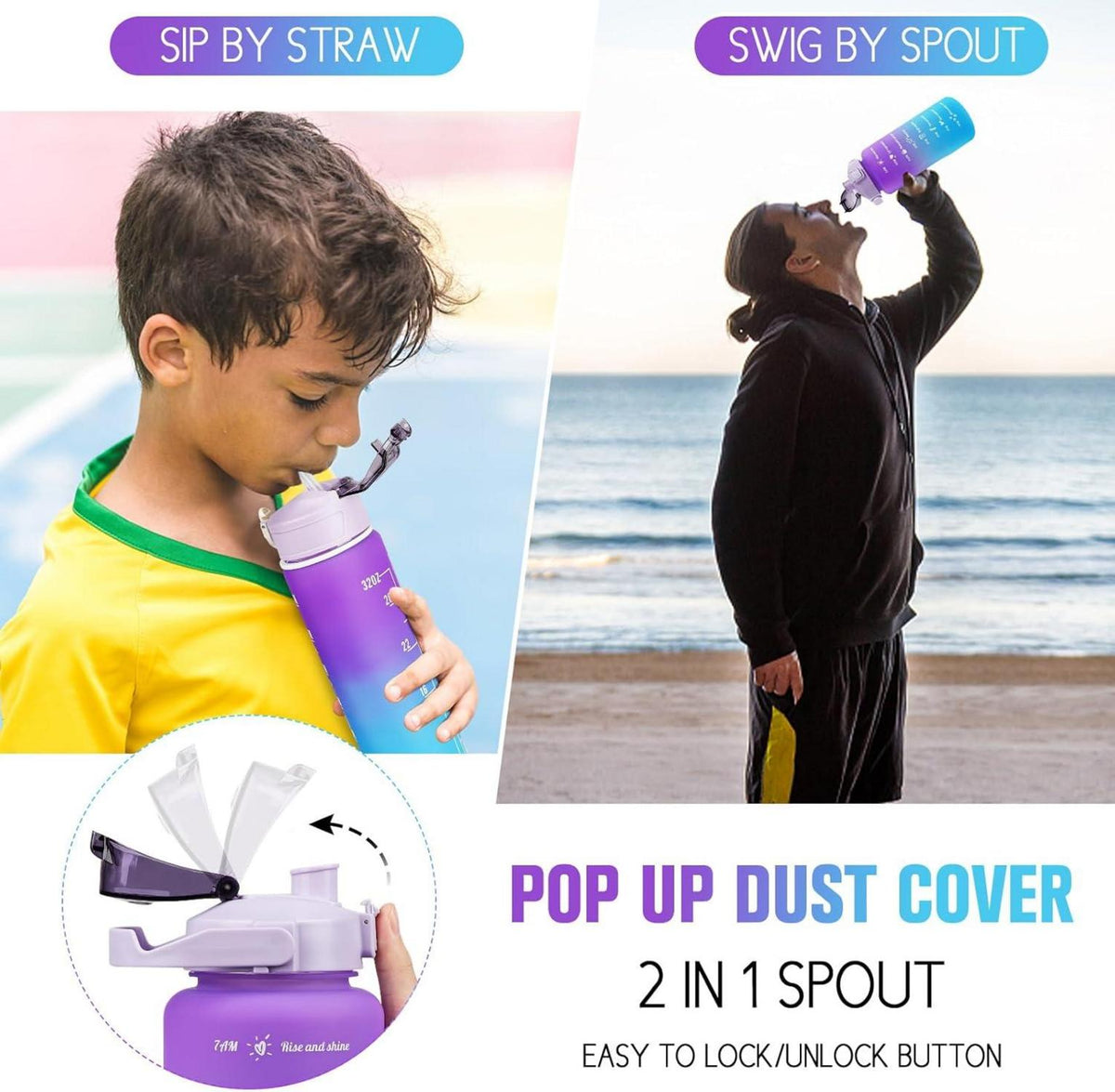Sport-Trinkflasche mit Zeitmarkierung 2er Pack Lila