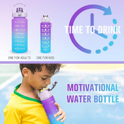 2er Pack Sport-Trinkflasche BPA-frei 2L+750ml mit Zeitmarkierung & Strohhalm, Lila