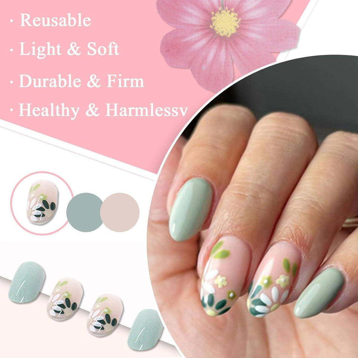 24er Set Mandel Nägel Französisch Grün Blume - Press On Nails