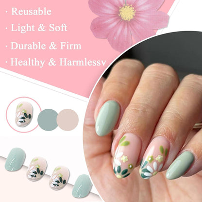 24er Set Mandel Nägel Französisch Grün Blume - Press On Nails