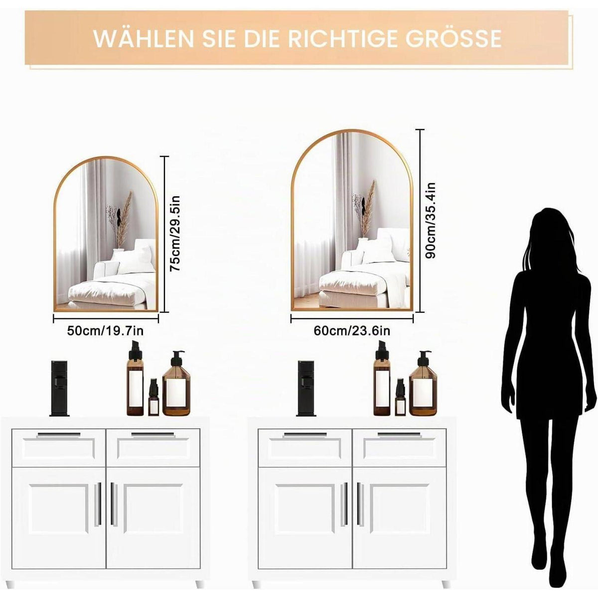 Rundbogen Wandspiegel Gold 90x60cm – Moderner Schminkspiegel für Bad & Co.