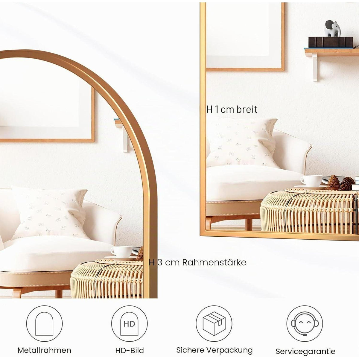 Rundbogen Wandspiegel Gold 90x60cm – Moderner Schminkspiegel für Bad & Co.