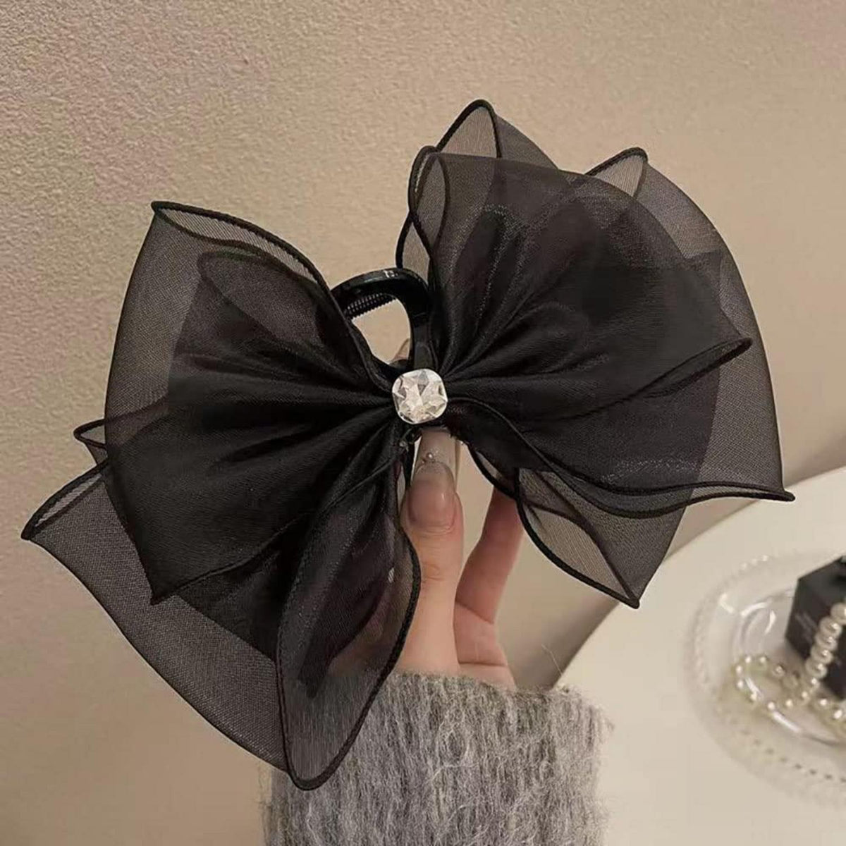 Große Schwarze Tüllschleife Haarklammer Damen Hair Clip Strasssteine Haarspange