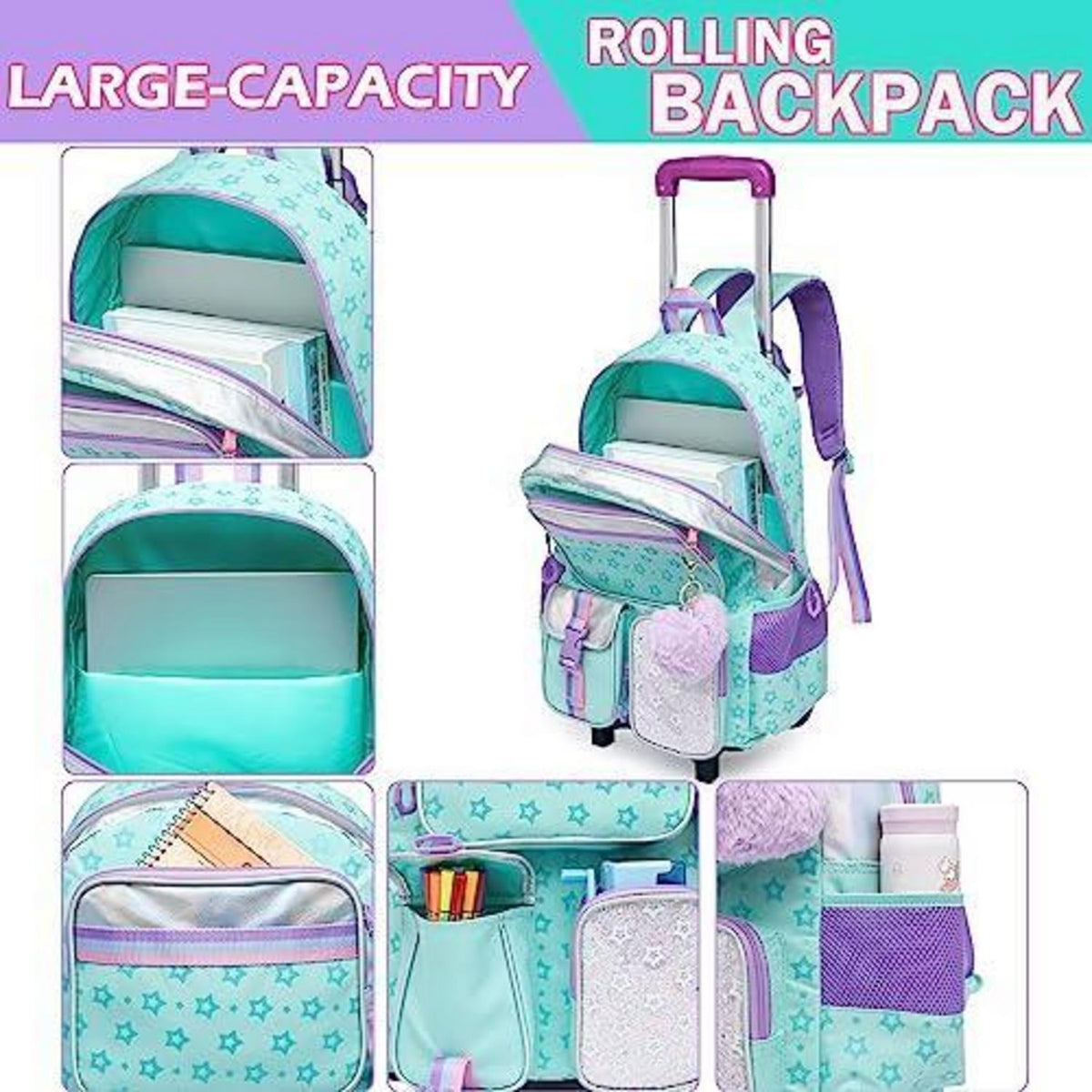 Rollrucksack für Mädchen mit Rädern & Brotdose – 17 Zoll