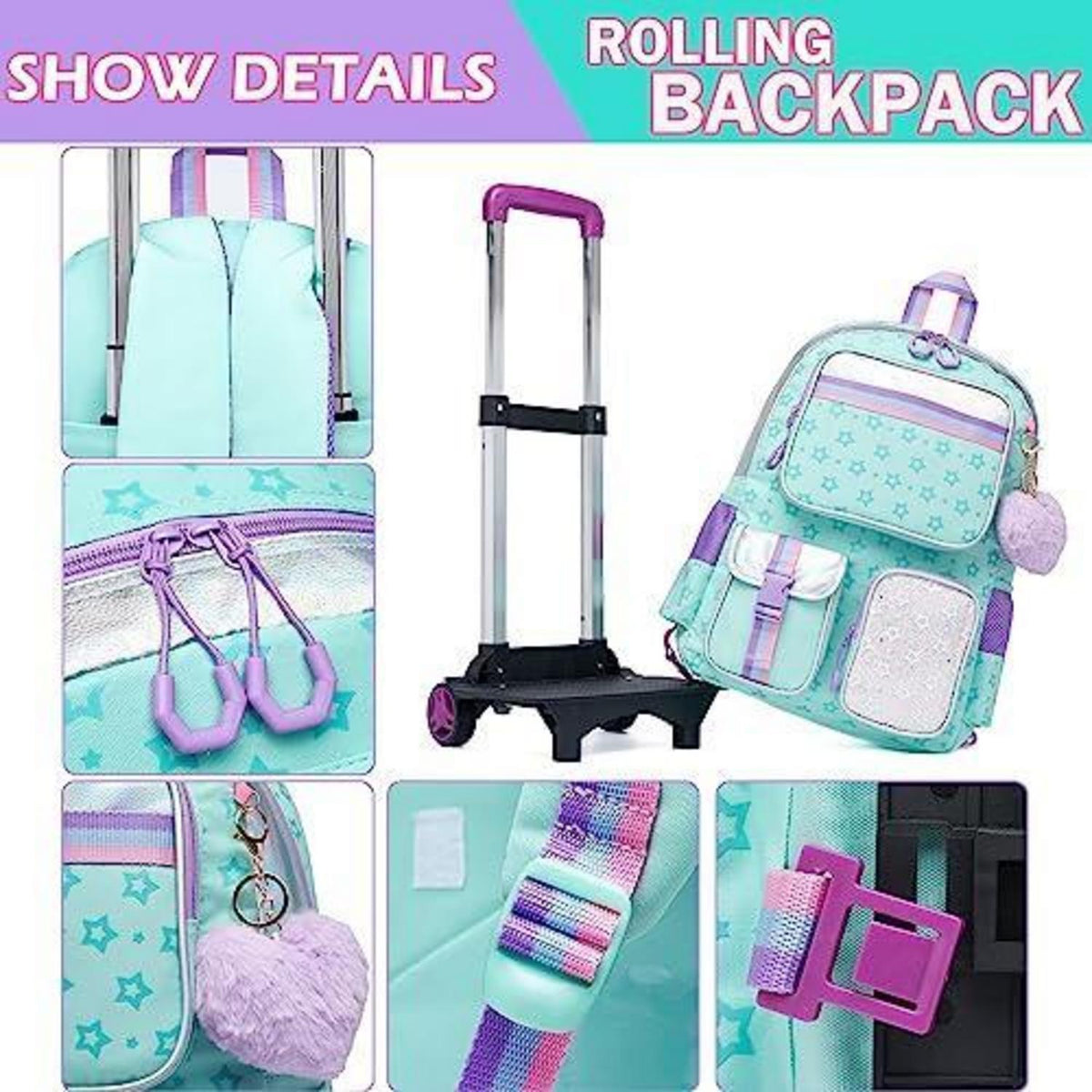 Rollrucksack für Mädchen mit Rädern & Brotdose – 17 Zoll