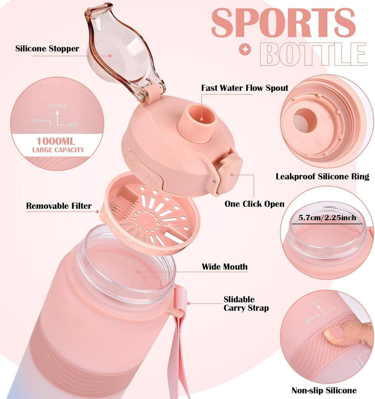 Sport Trinkflasche BPA-frei 1L Auslaufsicher Blue Pink