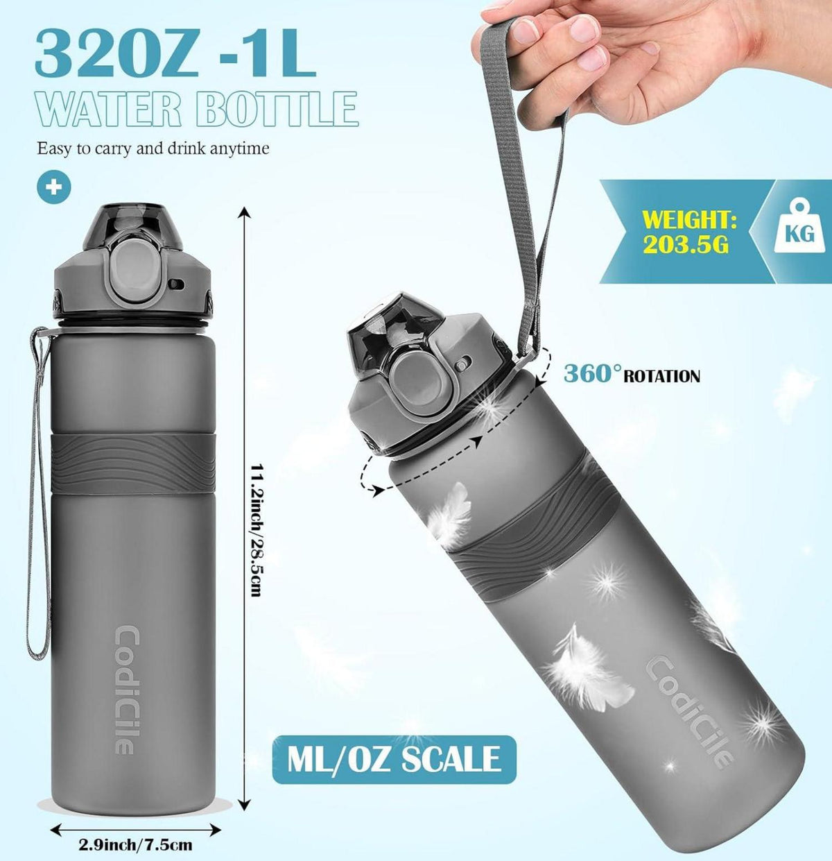 Trinkflasche BPA-frei 1 Liter Sport Auslaufsicher Wasserflasche 1L