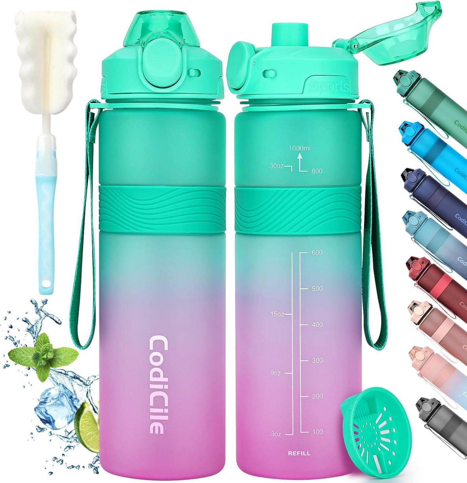 Sportliche BPA-freie Trinkflasche 1L Auslaufsicher Grün Rosa